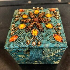 Small Cloth Jewelry Trinket Ring Box with Jeweled Top